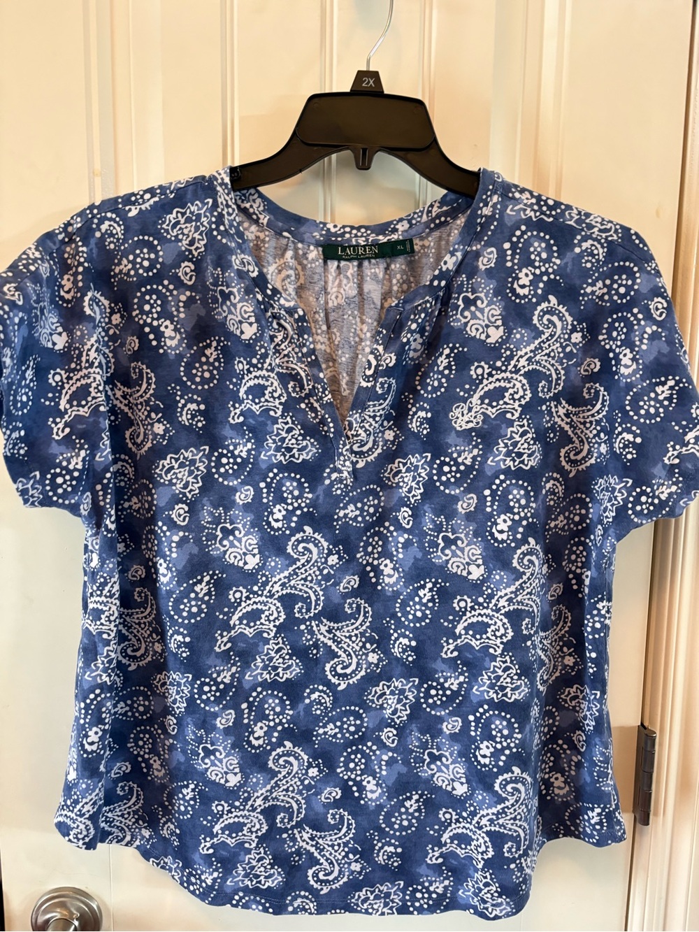 Ralph Lauren Blue Paisley Short Sleeve V-Notch Top